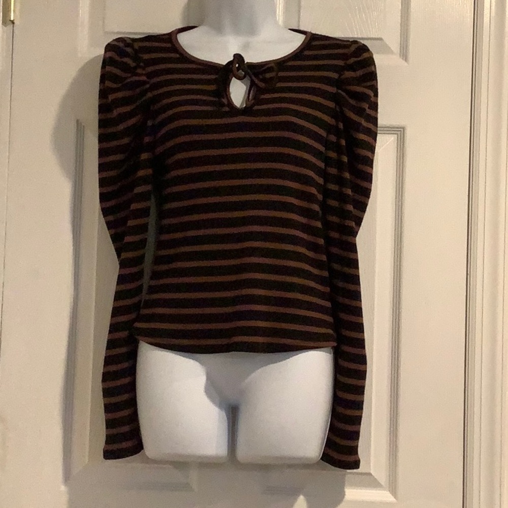 PAIGE Black/Brown Striped Bow Normcore Classic Capsule Puffy Sleeve Fall Top S
